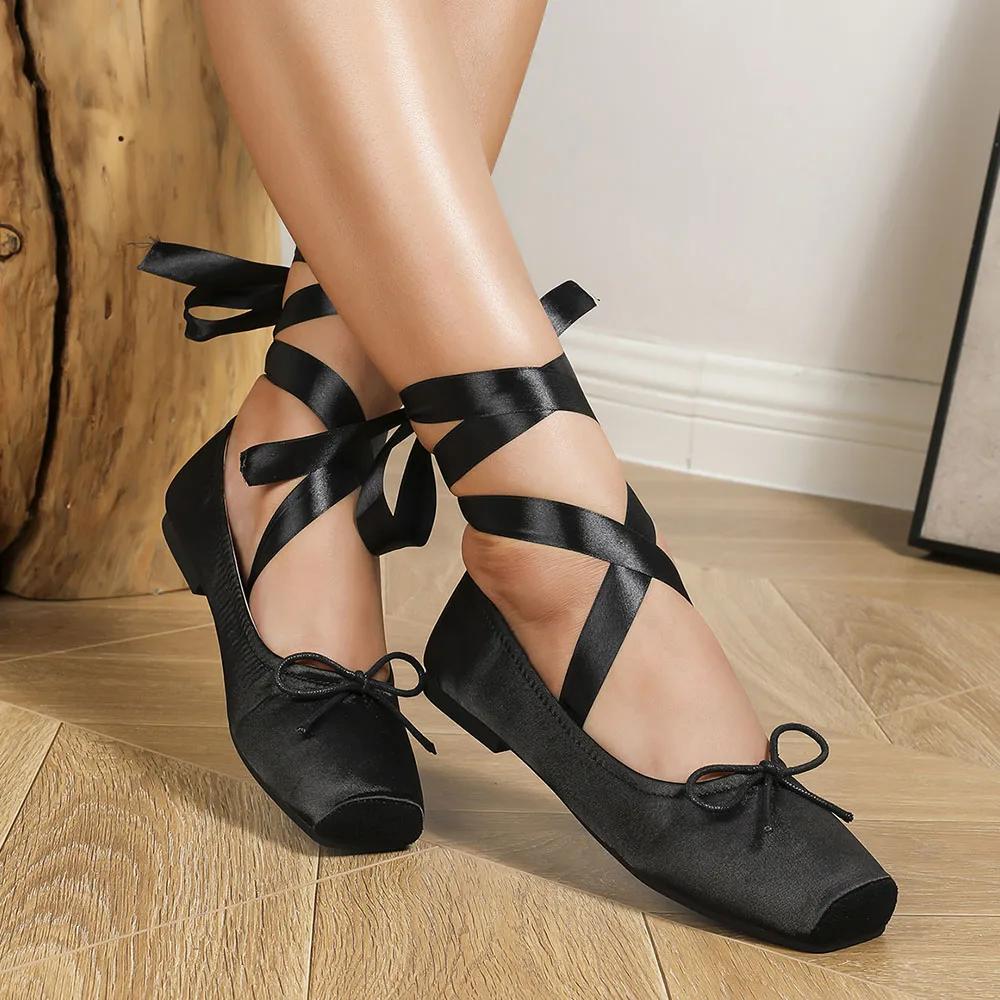 Fashion Silk Sweet Women's Ankle Strap Ballet Shoes Bowknot Ladies Shoes for Women Leisure  Mary Janes Flats