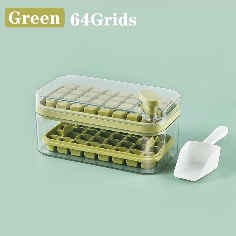 1 pz. Tipo di pressione a un pulsante Scatola per stampi per ghiaccio 32/64 Griglie Stampo per cubetti di ghiaccio in plastica Stampo per vassoio per ghiaccio con scatola di immagazzinaggio con strumento per bar da cucina per bevande fresche