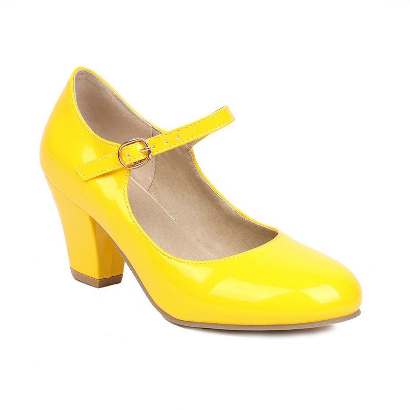 Damen Mary Jane High Heels 9 Farben Lackleder Runde Spitze Pumps Party Büro Hochzeit Schuhe Übergröße 34-48
