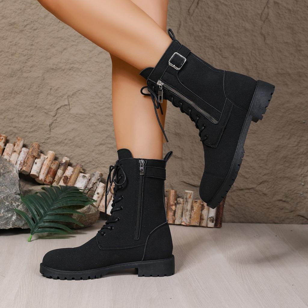Mid-Calf Women Boots  Autumn/Winter Round-Toe Fashion Belt Buckle Black Side Zipper Fashion Botas Retro Women Shoes Platform
