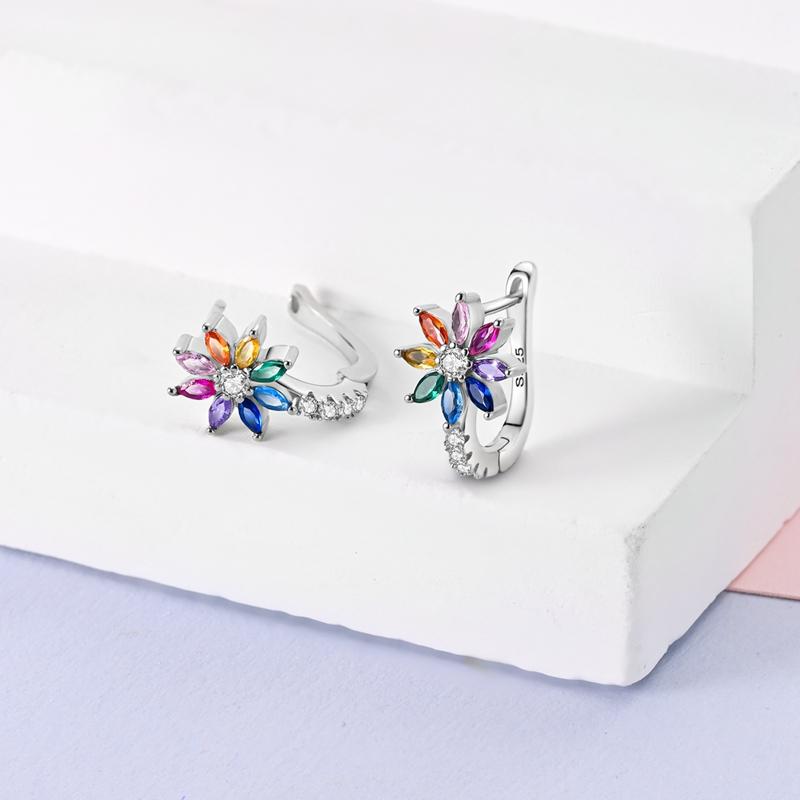 New 925 Sterling Silver Hope Rainbow Flower Earrings For Women Sparkling Colored Zircon Star Koi Earrings Party Jewelry