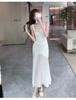 Women's White Satin Fishtail Summer Dress with Collar