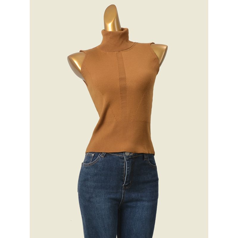 Fashion Style Turtleneck Minimalist Casual Inner Sweater Foreign Trade Original Order High Elastic Silm Sleeveless Vest