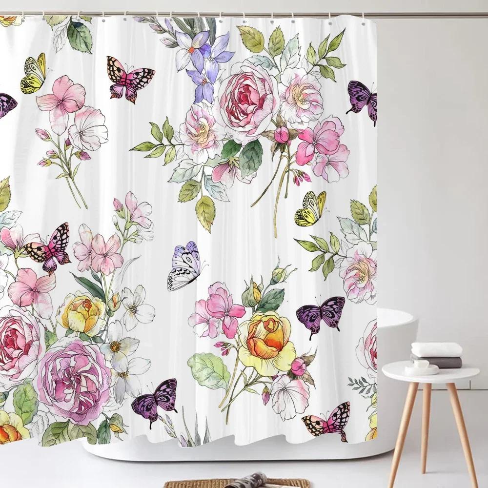 Kolorowe piękne świeże kwiaty zasłona prysznicowa łazienka wodoodporny poliester motyl 3D drukuj zasłony do łazienki prysznic