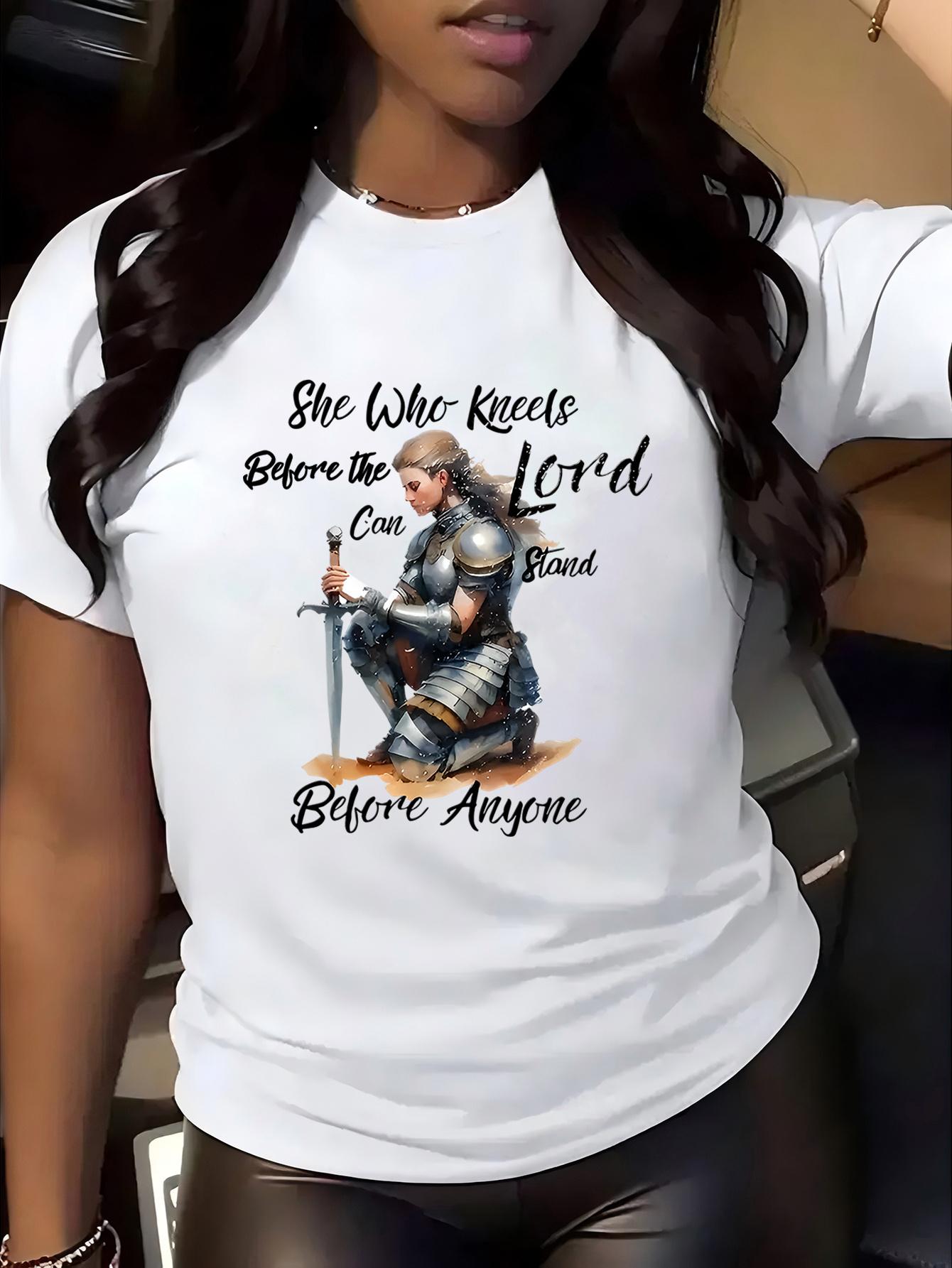 Футболка -  Кто преклоняется перед Господом, тот может противостоять любому  Принт, Повседневная, С круглым вырезом, Легкая и дышащая, Подходит для всех сезонов S