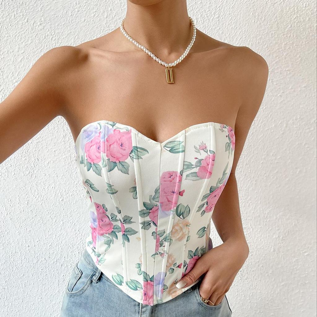 French Chic Sexy Floral Printing Bra Female Camis Diamond Fishbone Spicy Girl Tank Sleeveless Crop Top Women Clothes