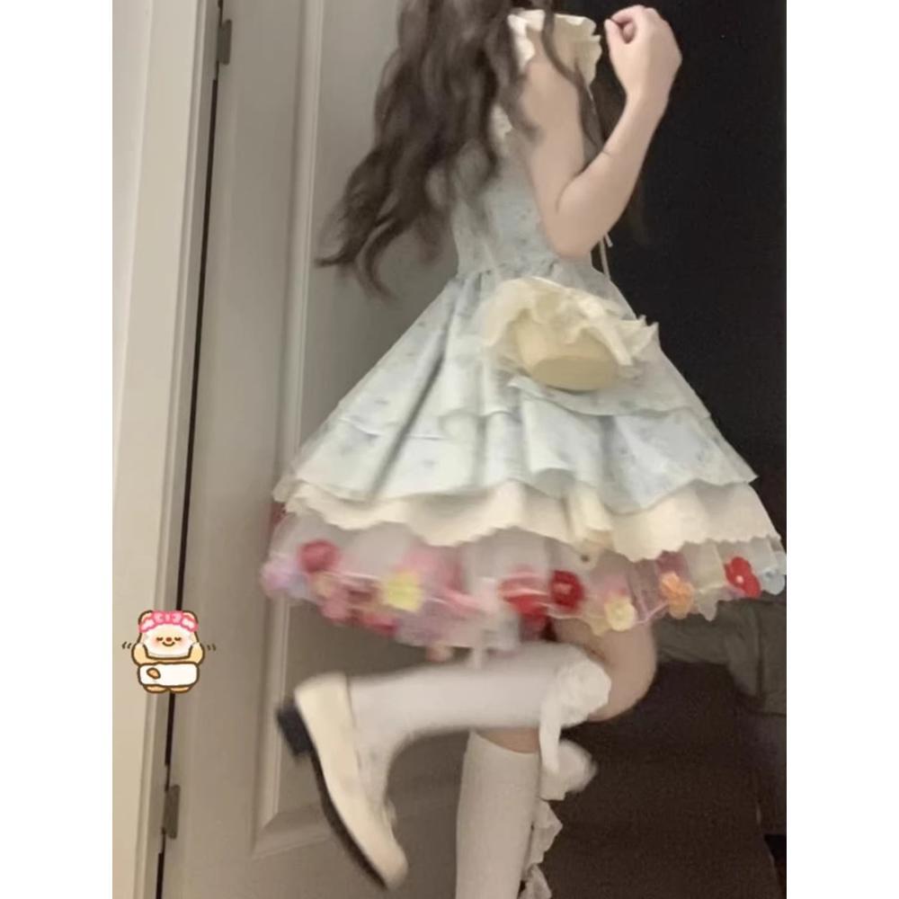 Sweet Spice Girl Pink Floral Dress Female Small Summer Beautiful Waist Fluffy Short Skirt College Style Cake Dress