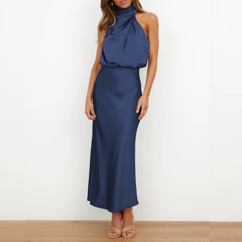Abito da Sposa Estivo Senza Maniche con Spalle Scoperte in Seta Satinata alla Moda Abito Sexy da Damigella Elegante Abito Lungo da Sera per Feste 28057