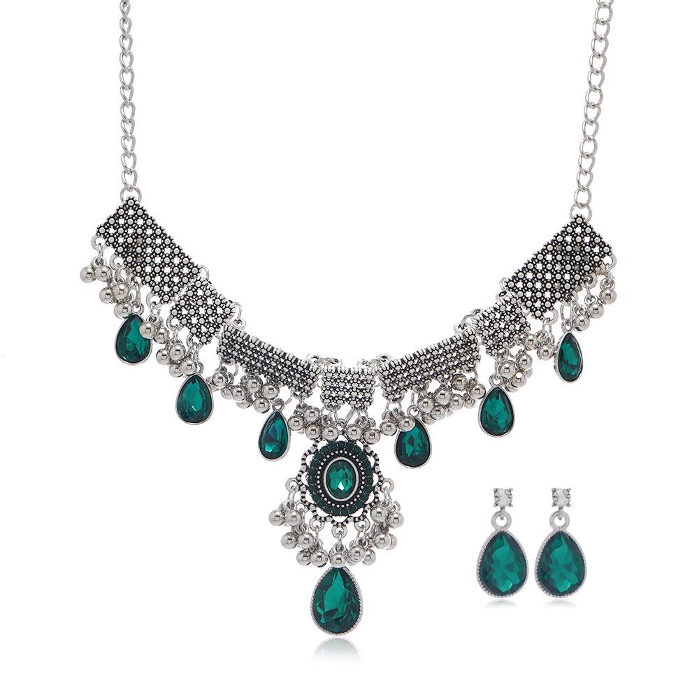 Bohemian Crystal Gemstone Tassel Necklace & Earring Set – European Ethnic Style
