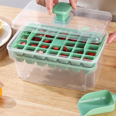 Ice Cube Mold with Lid Bin Ice Cube Trays for Freezer Top Button Design Reusable Mold with Ice Shovel for Whiskey Cocktail Kitchen Home Bar Essential
