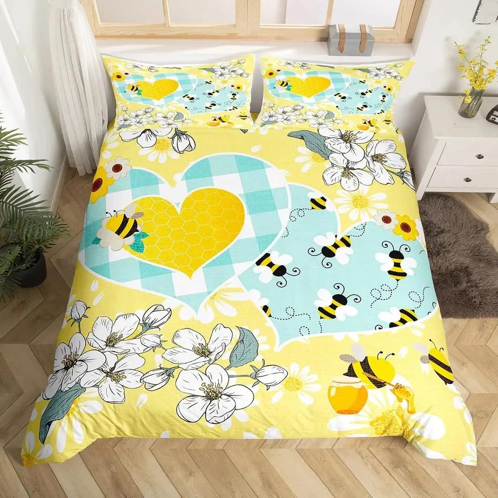 Bee And Butterfly Duvet Cover Set,Spring Floral Bedding Sets For Boys Girls,Colorful Flowers Country Style Comforter Cover Queen