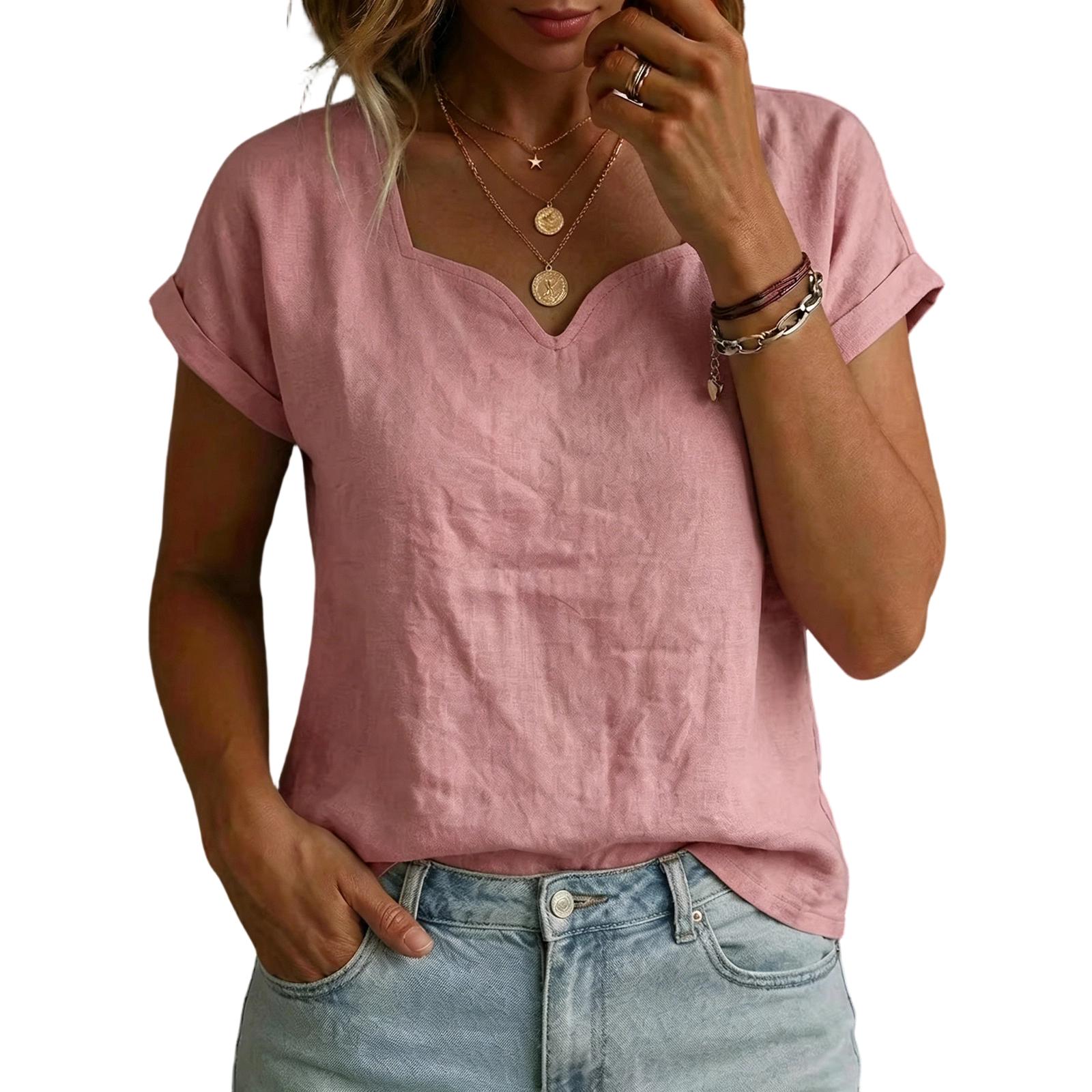 

Women Casual Short Sleeve Top Heart Neckline Lightweight Blouse Relaxed Fit Summer Shirt S розовый