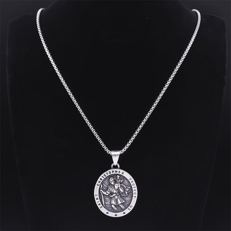 Saint Christopher Protect Us Cross Medal Necklace Stainless Steel Archangel Saints Protection Amulet Necklaces Jewelry NZZ303S05