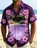 Men's Tropical Flower Framed Landscape Print Hawaiian Shirt, Breathable Casual Top For Summer Vacation And Daily Wear
