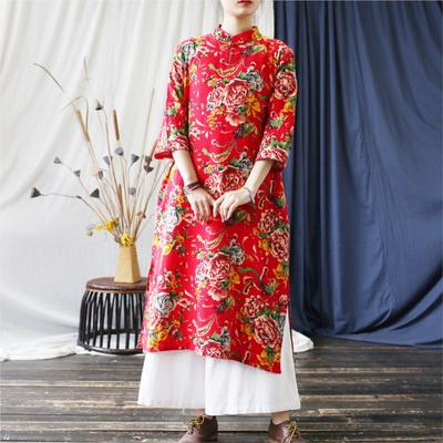 Damen Vintage Stand Kleider Sieben Ärmel Print Floral Sommer A-Linie Kleider im chinesischen Stil
