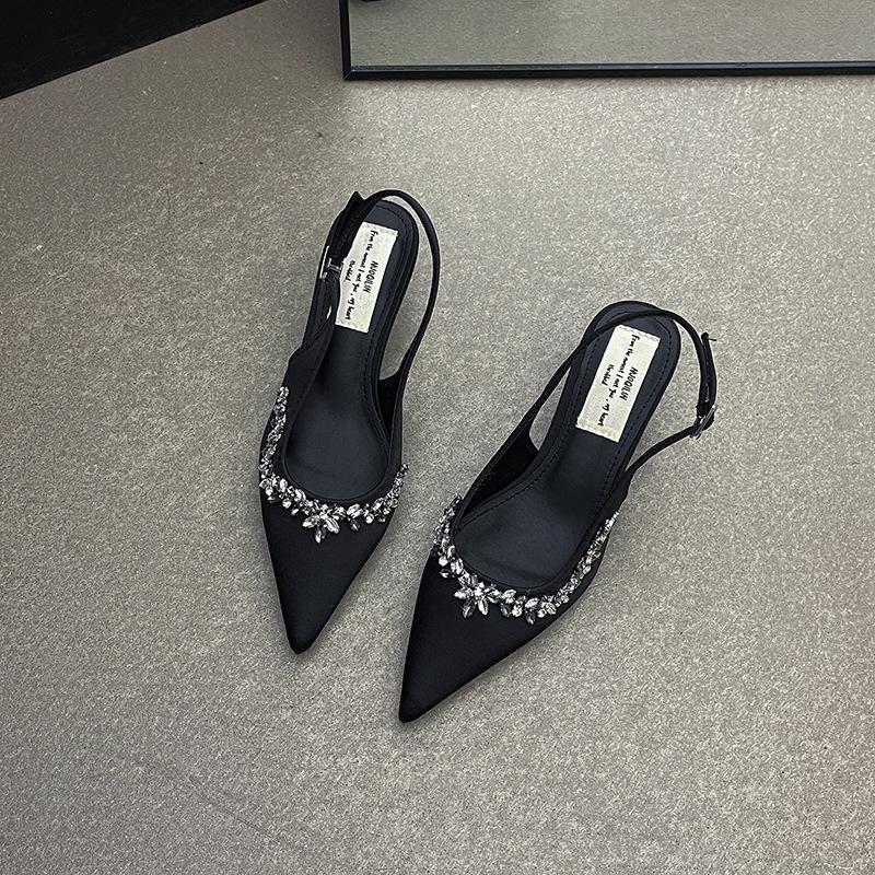 French baotou rhinestone sandals spring and summer new fashion fairy style with skirt apricot pointed single shoes high heels