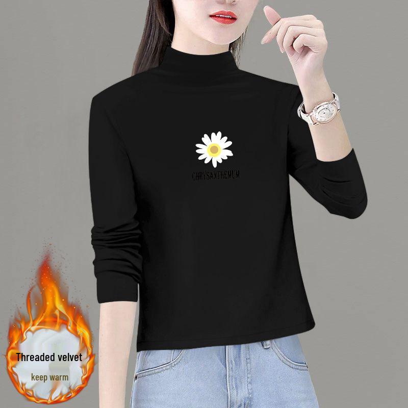 2025 Women's Thickened Double-Sided Velvet Long-Sleeve Semi-High Neck Slim-Fit Top for Autumn/Winter