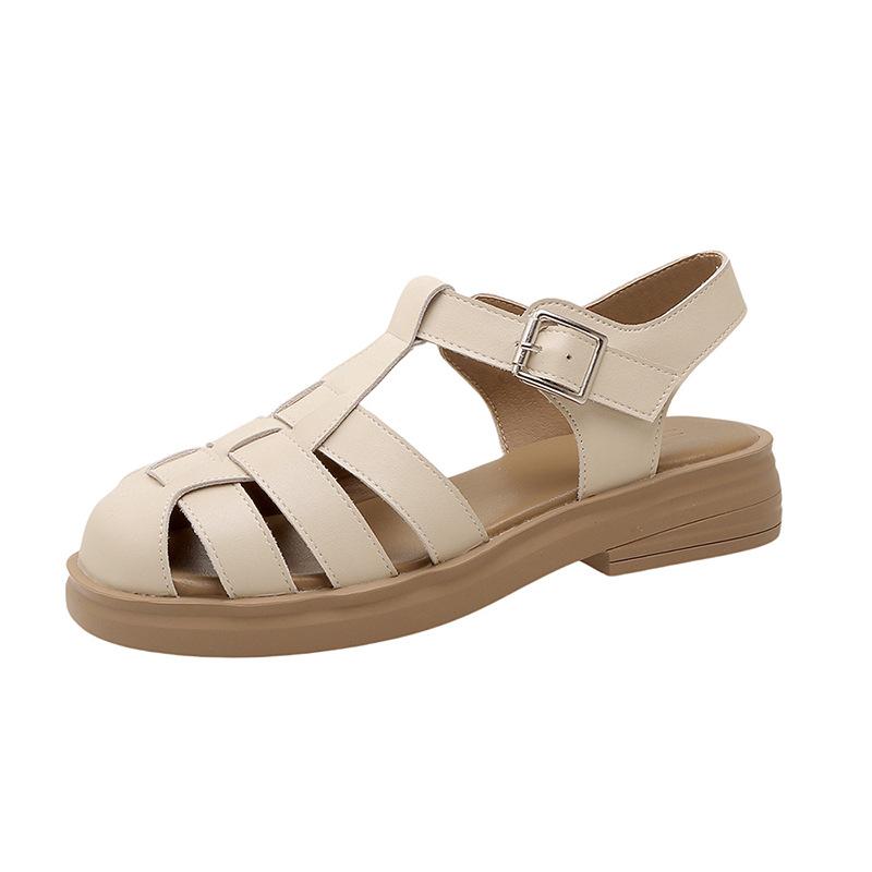 Leather Roman shoes sandals women's new fashion casual versatile bag head shoes woven hollow flat platform women's shoes