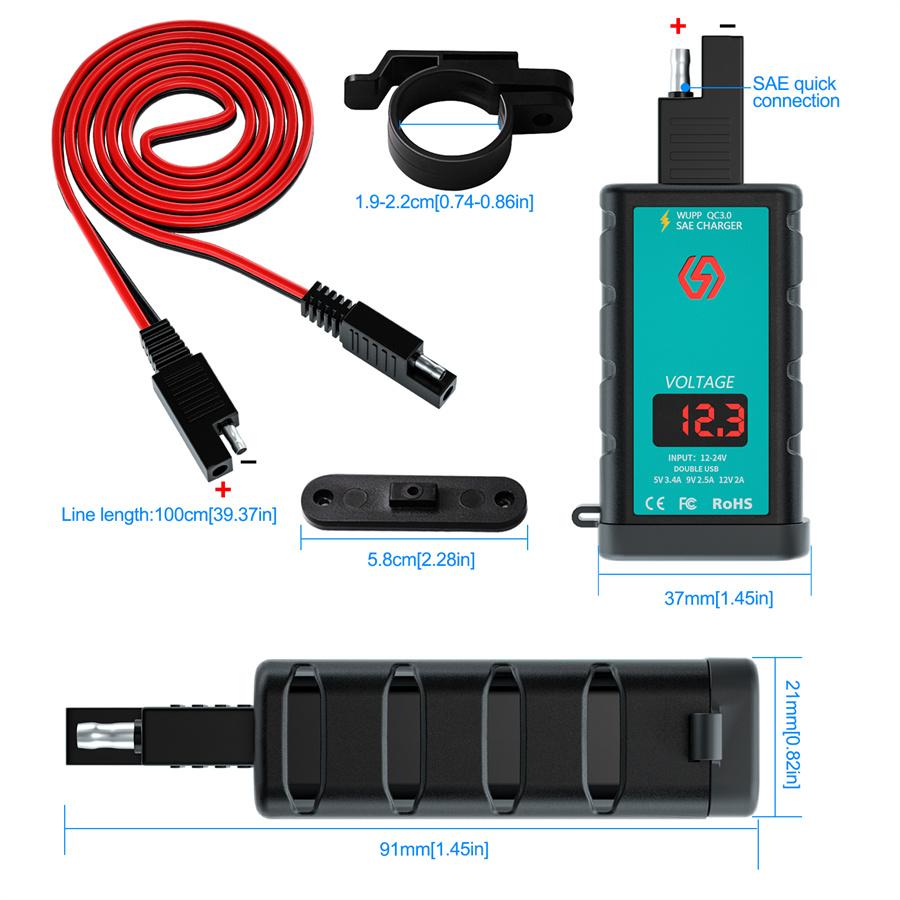 Motorcycle USB+Type-C QC3.0 Fast Charger with Voltmeter  integrated SAE socket  1 meter double SAE socket cable 12-24V