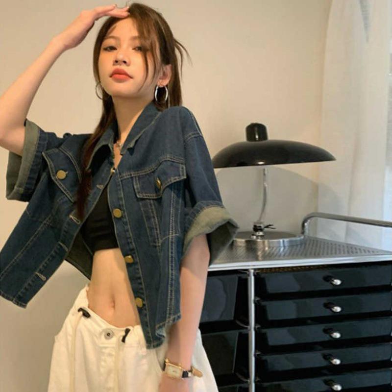 

Korean Style Chic Retro Short Lapel Denim Jacket for Women Medium синій