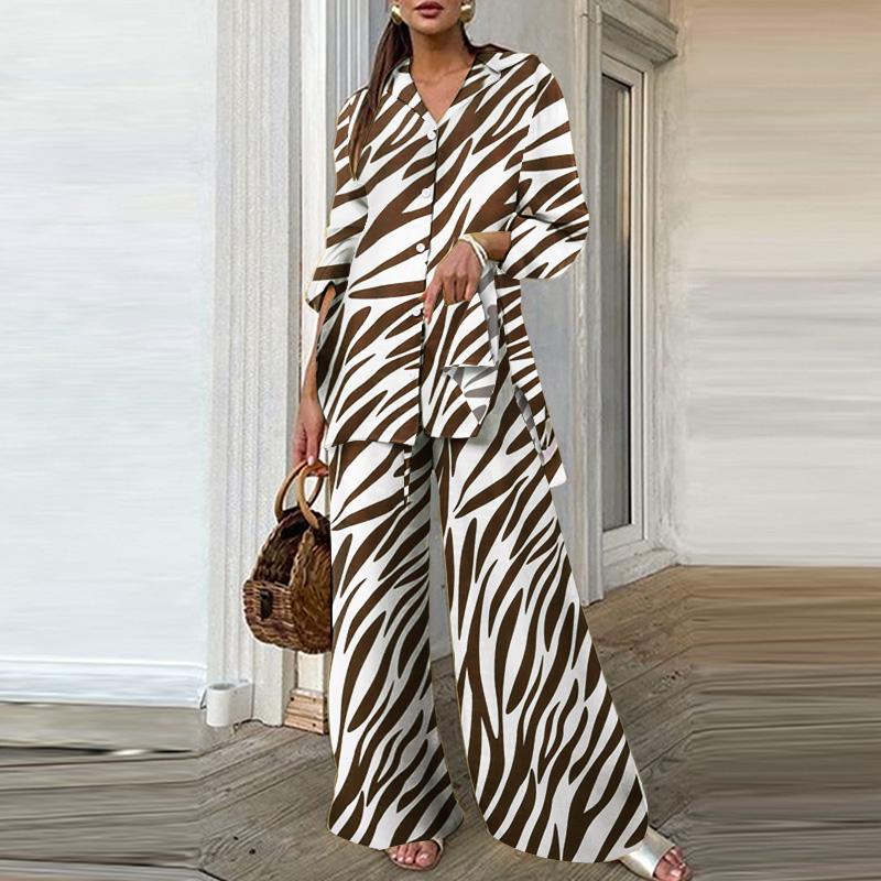 

ZANZEA Женский Блузка с длинным рукавом и брюки Повседневный костюм-двойка с принтом 5XL коричневый