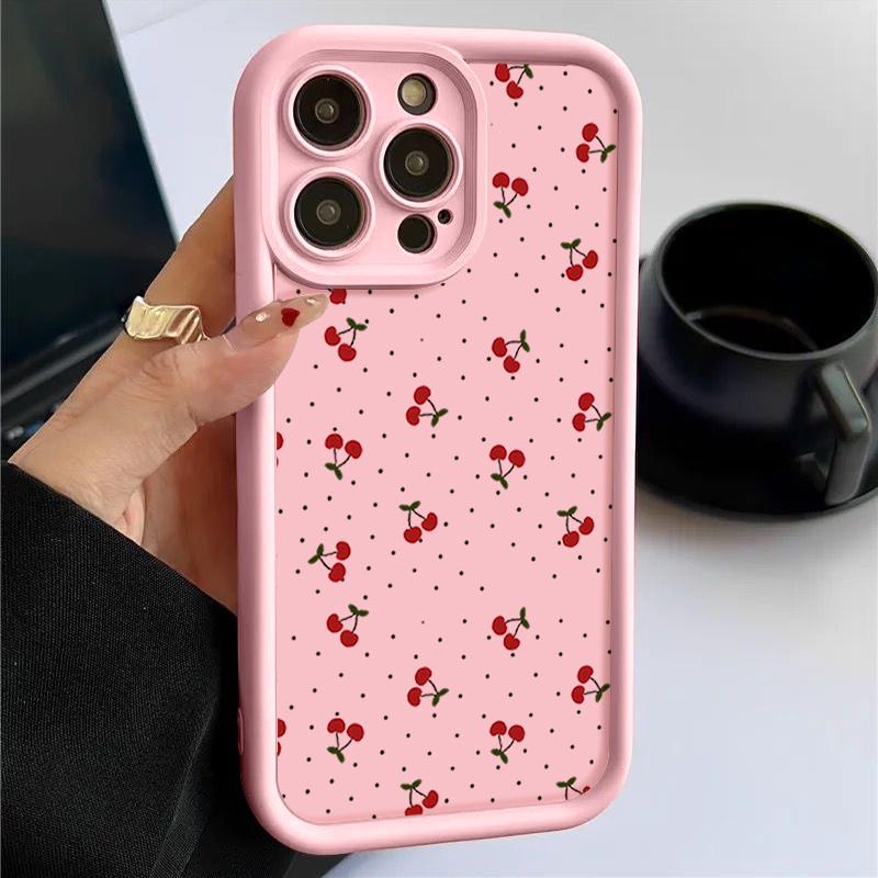 Little Cherry Pattern TPU Soft Matte Phone Case For iPhone 16 Pro Max 15 Pro 14 13 12 11 XR XS Shockproof Lens Protection Bumper Cover