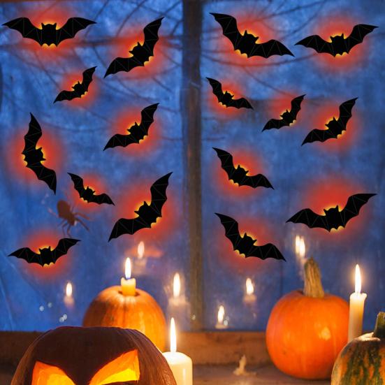 16 Pcs Lighted 3D Bat Sticker LED Halloween Bat Decorative Wall Sticker Light Up Glowing Bat Clings for Bedroom Window Wall Decor