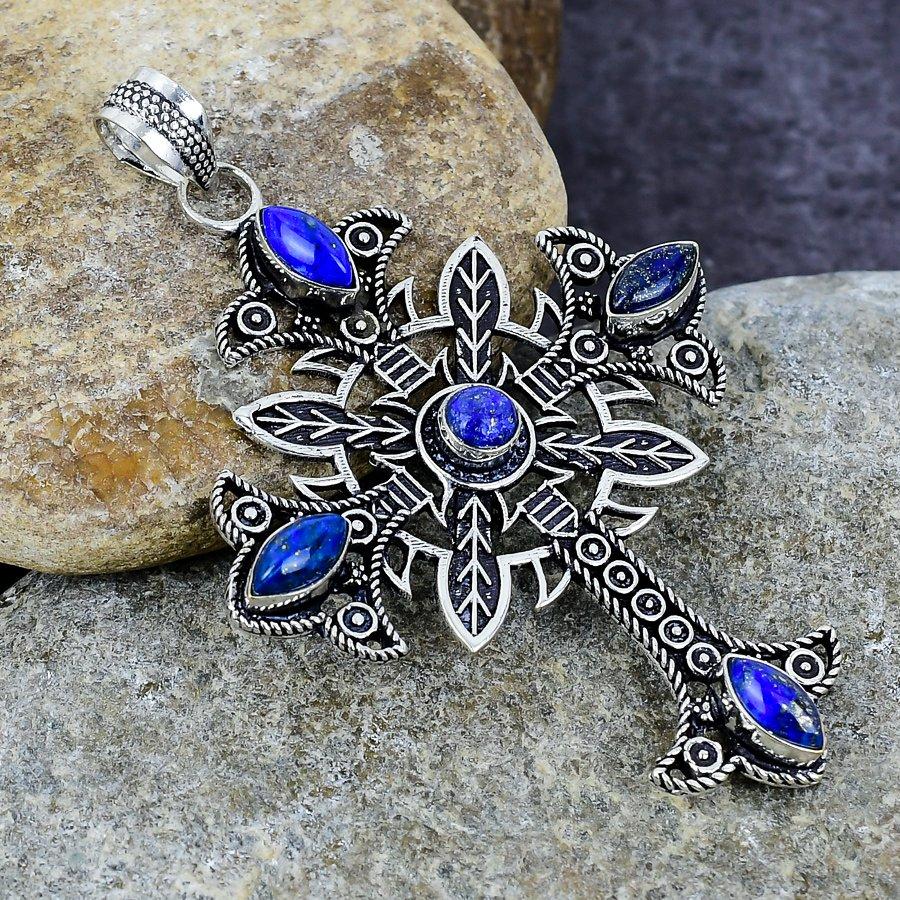 

Cross Design Lapis Lazuli Gemstone Handmade 925 Sterling Silver Jewelry Изысканная подвеска