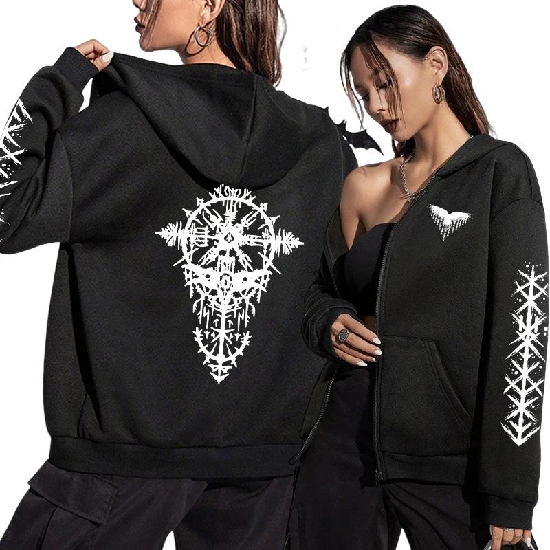 2026 New Arrival Women's Zipper Hoodie Ancient Viking Raven Print Sweatshirt Autumn Winter Casual Fashion Warm Hooded Coats