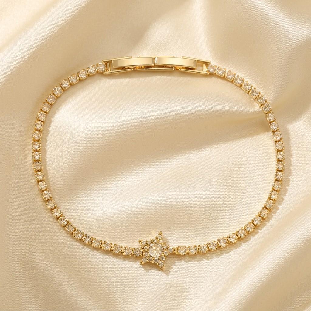 14K Gold Plated Star Charm Tennis Bracelet for Women, Six Point Star with Round Stone Center, Sparkling Cubic Zirconia Jewelry