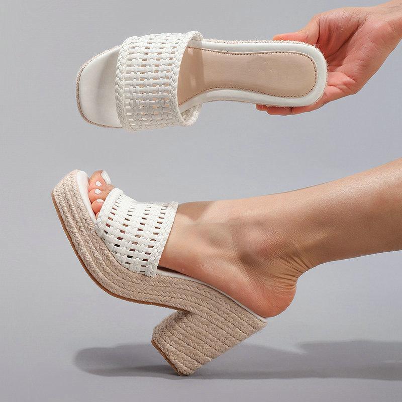 Fashion Hollowed-Out Hemp Rope Wedge Heel Sandals, Summer Casual Vacation, Waterproof Platform, Thick-Soled High Heels For Women