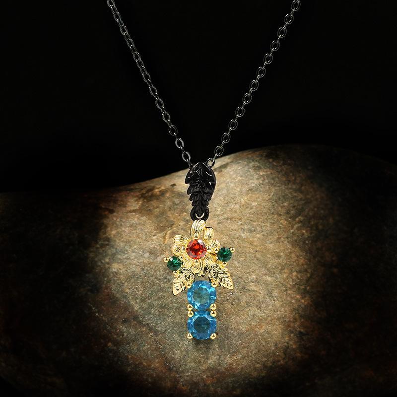 Schwarz Gold Schmuck Schlüsselbein Schmuck Pullover Kette Blau Zweifarbig Blume Halskette Vielseitig Silber Bronze