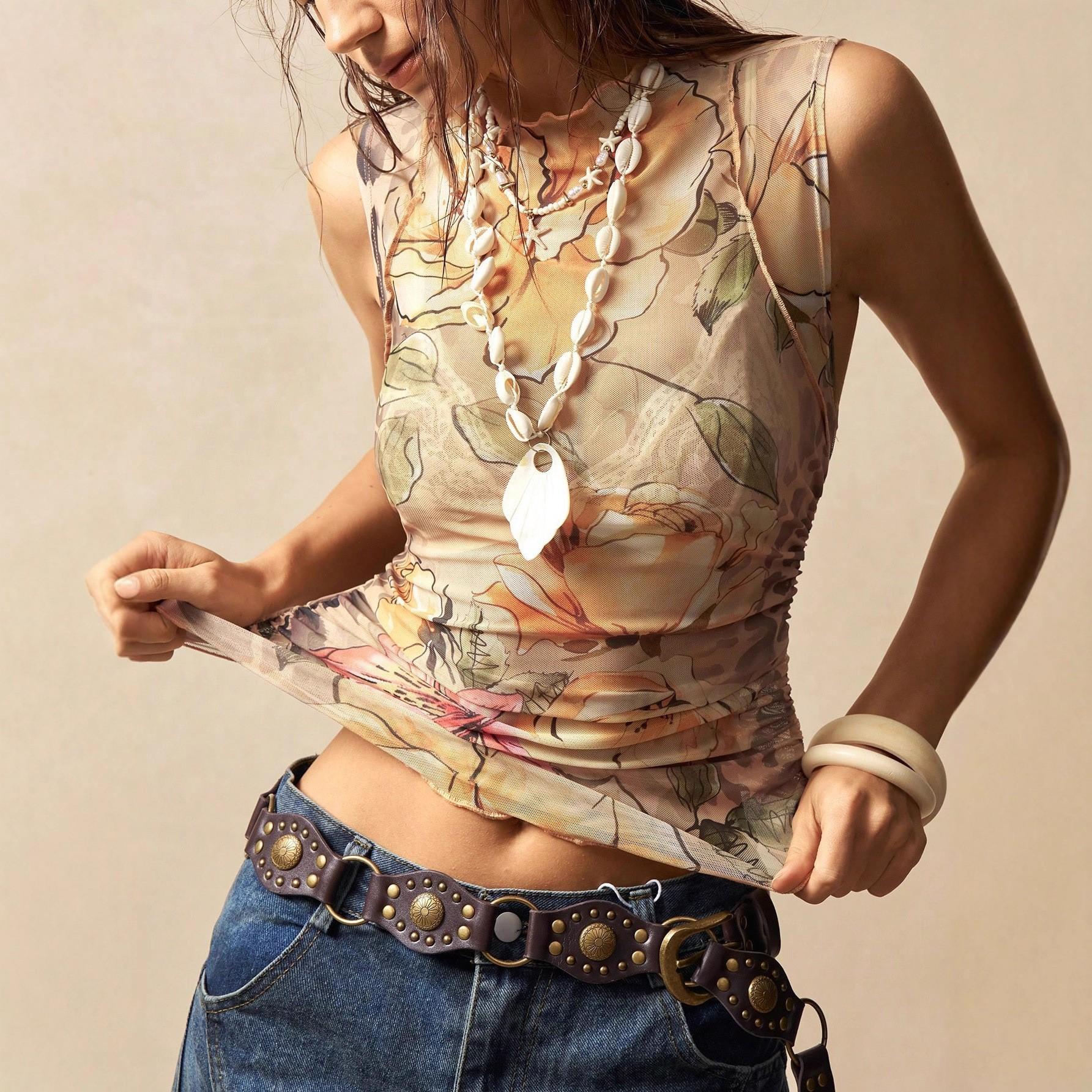 

New Autumn and Winter Sleeveless High-neck Fashion Vest Floral Slimming Top XXL