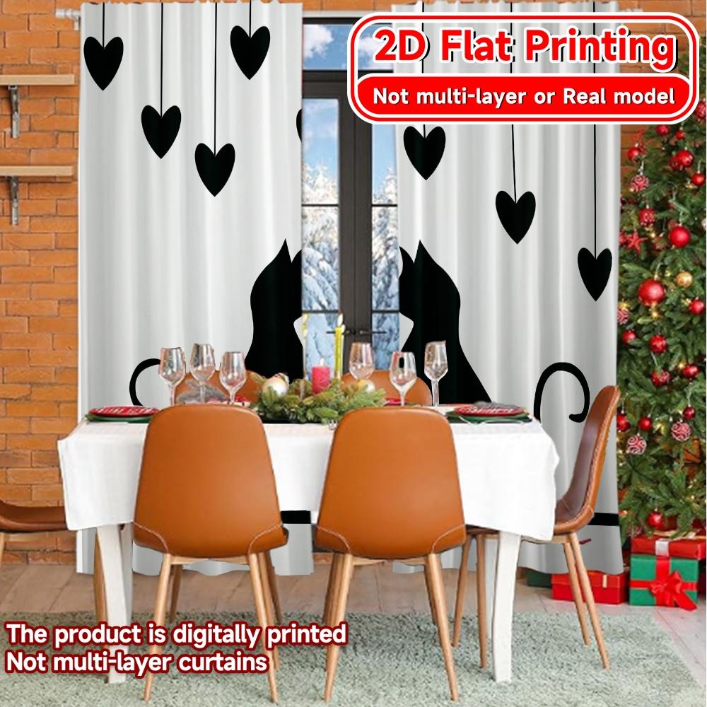 Set aus 2 flachen Druckvorhängen ohne Stange Design mit Katzen-Silhouette Neujahrsfest Beliebte Vorhänge Polyester Einfach herzustellen