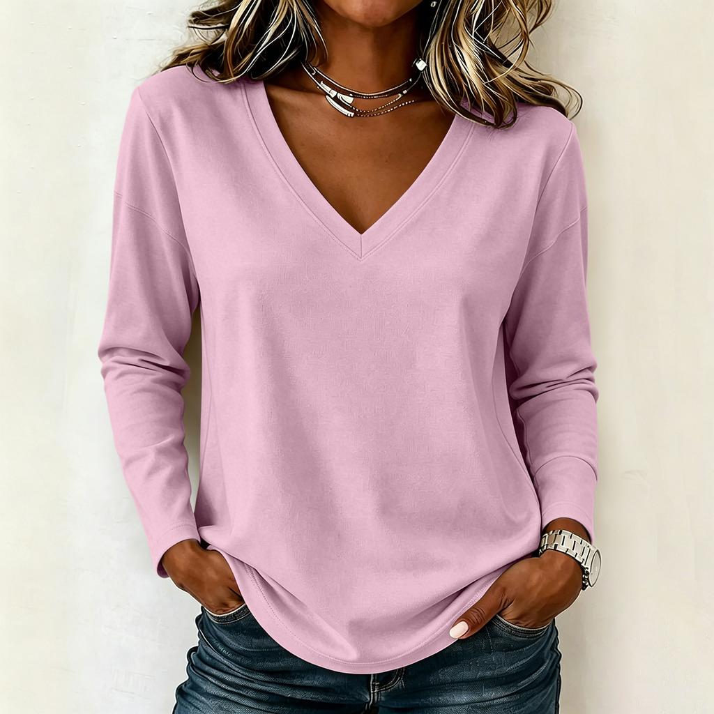Damen Langarm Lockerer V-Ausschnitt Lässiger Pullover Top Leichter Weicher Dehnbarer Stoff Bequeme Alltagskleidung