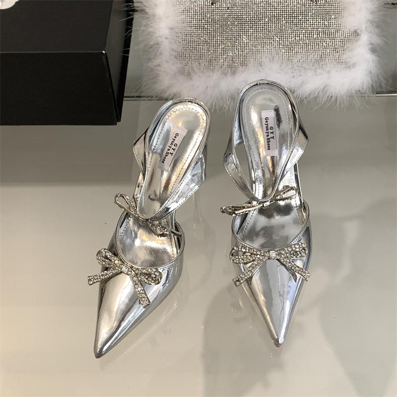 Fashion Advanced Sense ~! Silver Patent Leather Rhinestone Bow Pointy Half Slippers For Women With Fine Heels And High Heels