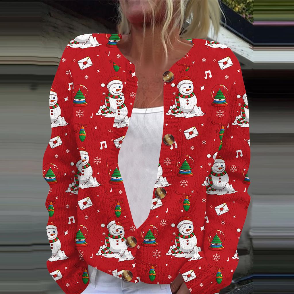 Chaqueta de punto tipo cárdigan de manga larga con estampado navideño a la moda para mujer