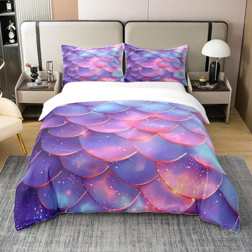 Cute Mermaid Tail Duvet Cover Set Queen King Size Fairy Tale Themed Princess Bedding 3 Pcs For Girls Bedroom Decor Super Soft