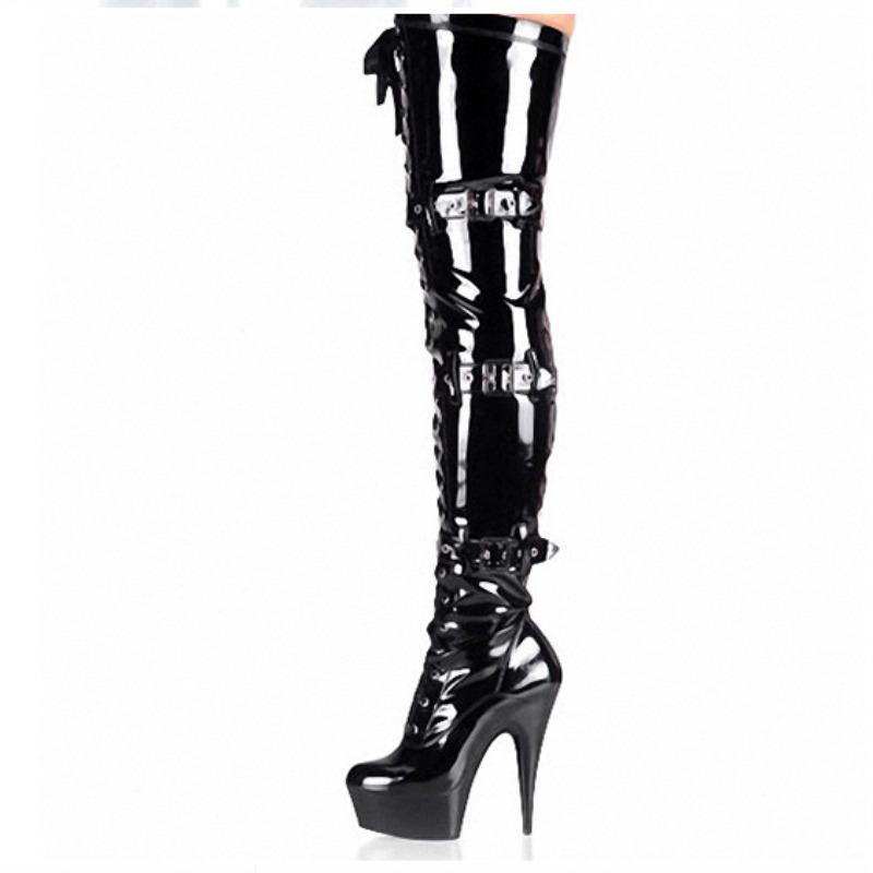 Sexy elastische Stiefel Nacht Schnürung Gürtelschnalle Kniestiefel 15cm Stahlrohr Tanz Lederstiefel YKC