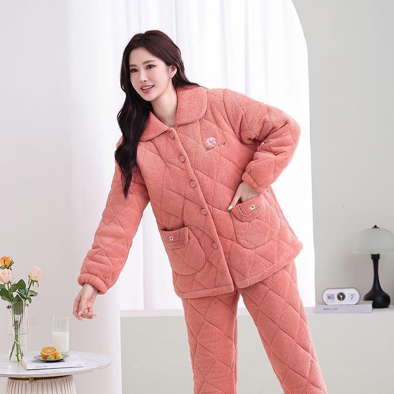 Damen Winter Korallfleece Gesteppter Pyjama - Dickes Flanell Warmes Hausanzug-Set für Mittelalte und Ältere Mütter