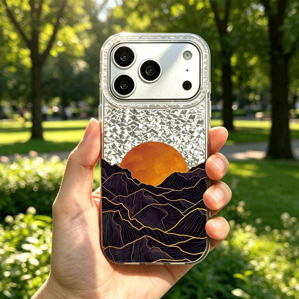 Phone Case for iphone Air 18 Pro Max 17 Pro XR 13 12 16 Plus 11 15 14 XS Max Mountains and Full Moon Silver Cracked Texture Shockproof Cover