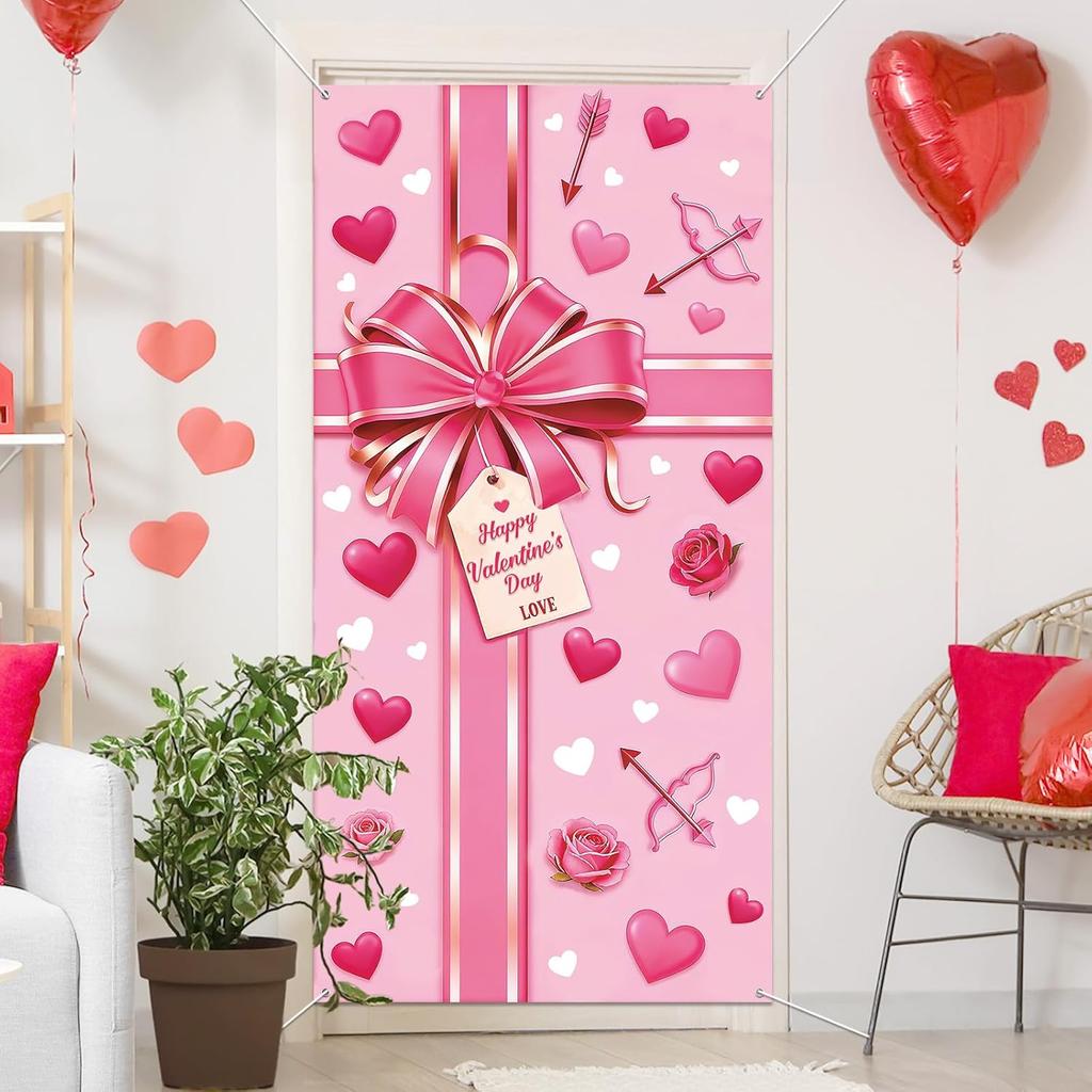 Happy Valentine's Day Door Cover Decoration Pink Bow Gift Box Door Banner Valentines Day Love Heart Hanging Banner Valentine Present Backdrop for