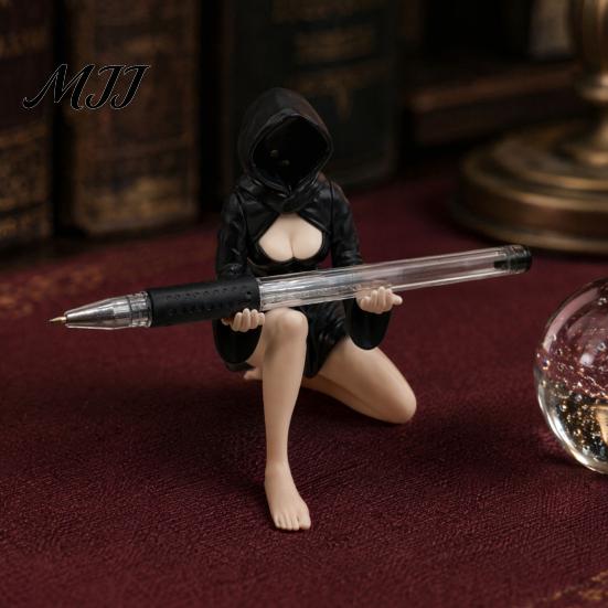 Decorative Seated Figurine Ghost Girl Hooded Sculpture, Ethereal Mysterious Statue, Gothic Whimsical Garden Ornament Queen Character Robe for