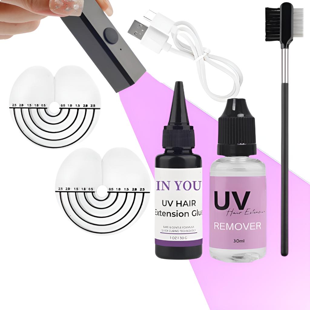 

Набор для УФ наращивания волос V Light: 30 г Клей + Лампа и Ремувер, Быстрое Невидимое Склеивание без Повреждений, Безопасное Использование Дома и в Салоне с Расческой A set