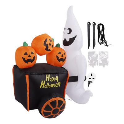 6ft Halloween Inflatable Ghost Pushing Pumpkin Cart Decor IP44 with Blower LED Lights Outdoor