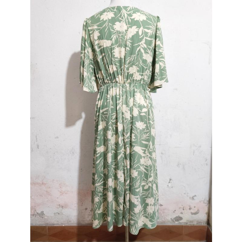 Damen Bedrucktes Kleid mit V-Ausschnitt und kurzen Ärmeln, Taille, Bohemian-Stil, Strandurlaub, Strandkleid