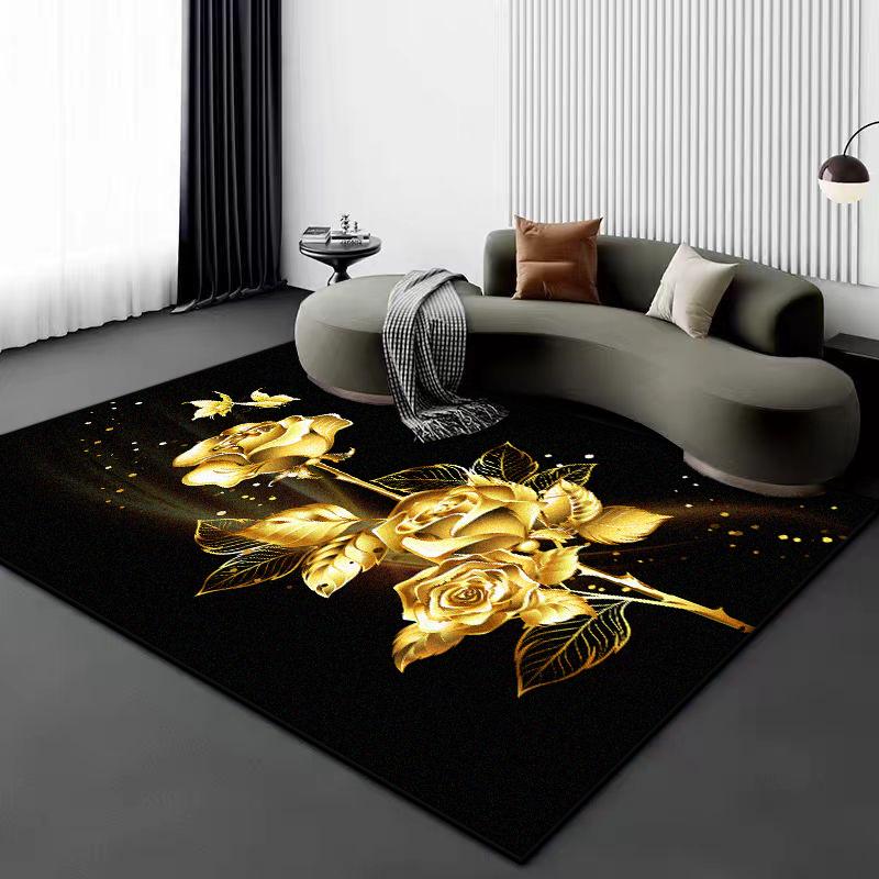 

3D Vision Flower Plant Carpet Living Room Black Golden Design Sofa Large Area Rugs 200x300 Luxury Bedroom Non-slip Floor Mat 60*90cm