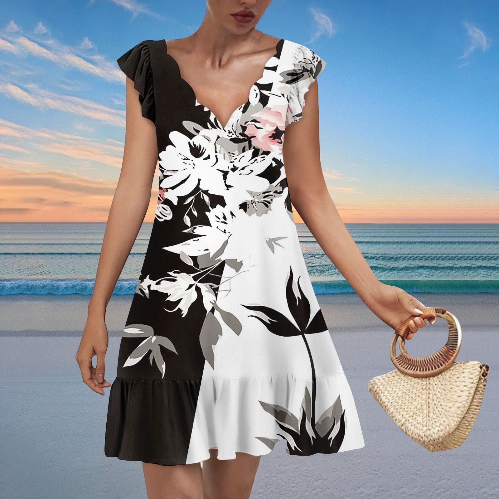 

Женское модное повседневное платье с V-образным вырезом и волнистым краем с цветочным принтом и коротким рукавом XL белый