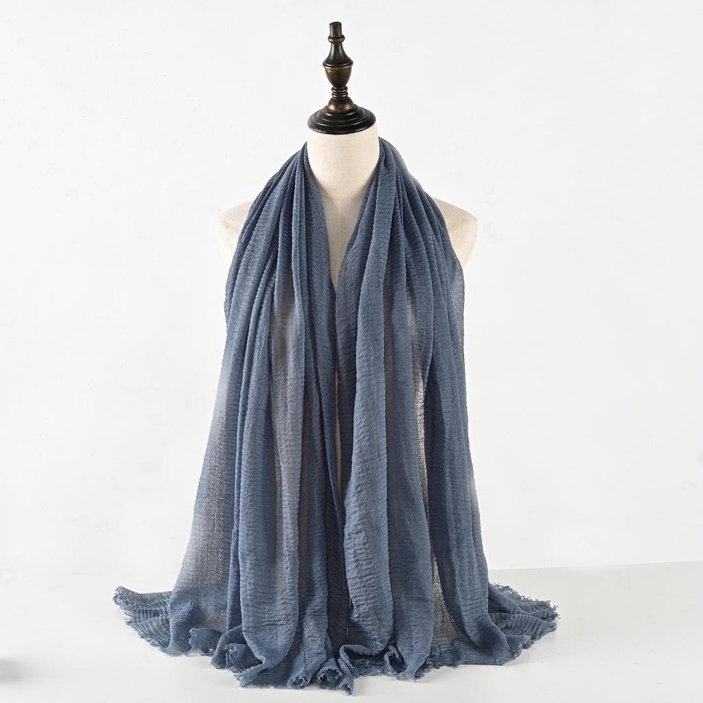 Crinkled Cotton-Linen Blend Scarf with Fringe - Solid Color, 90x180cm, Women's Headscarf