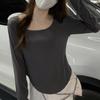 Camiseta Básica de Manga Larga con Cuello Redondo Ajustada Color Sólido Otoño Invierno Tipo Corto Irregular Blusa Ropa Femenina